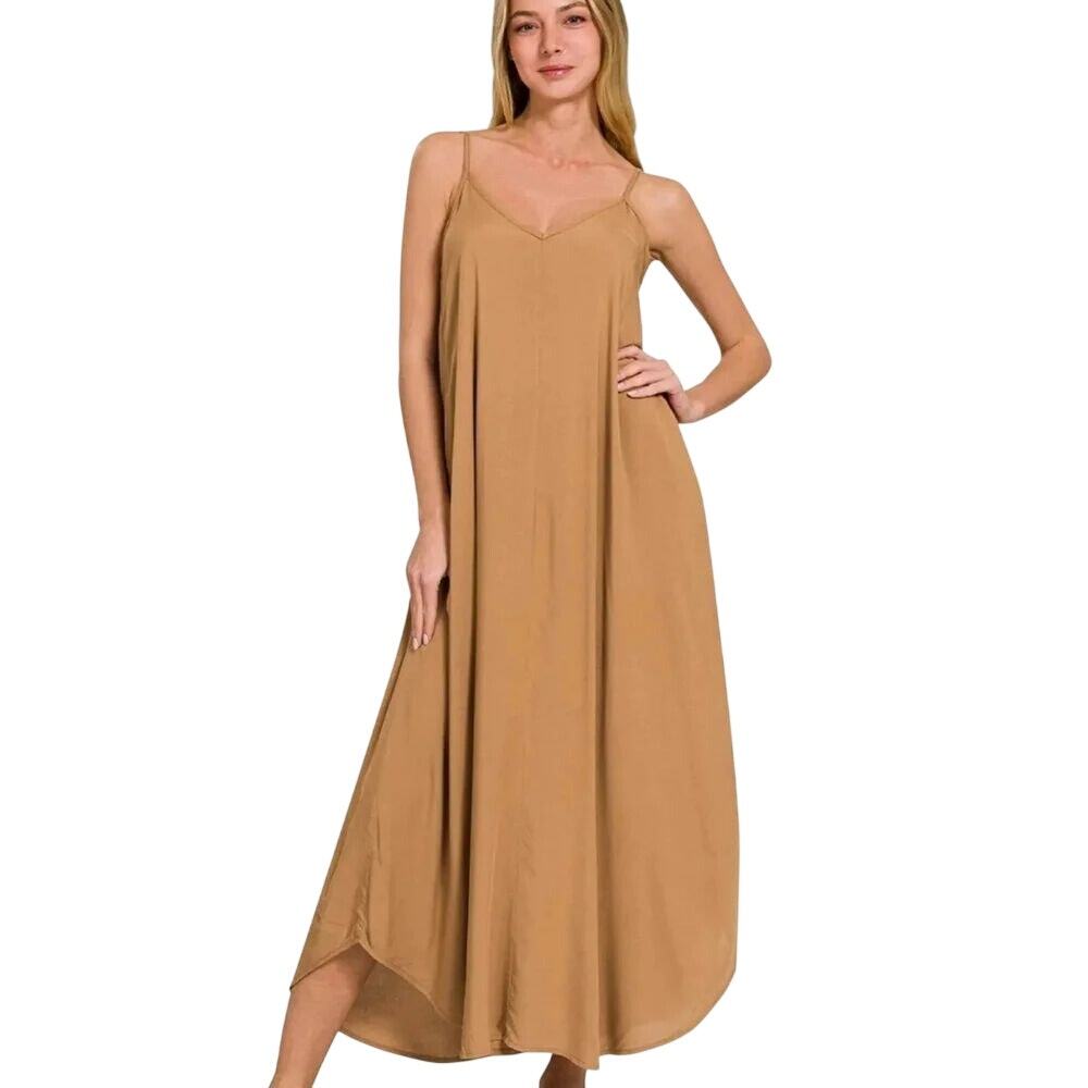 NWOT Zenana Outfitters Camel Spaghetti-Strap Maxi Dress with Pockets XL